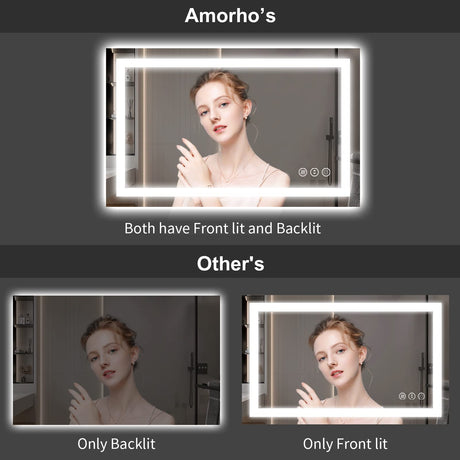 Amorho LED Bathroom Mirror 60"x 30" with Front Light and Backlight, Large Vanity Mirrors for Wall, Anti-Fog, ShatterProof, Memory, 3 Colors, ETL Listed Amorho