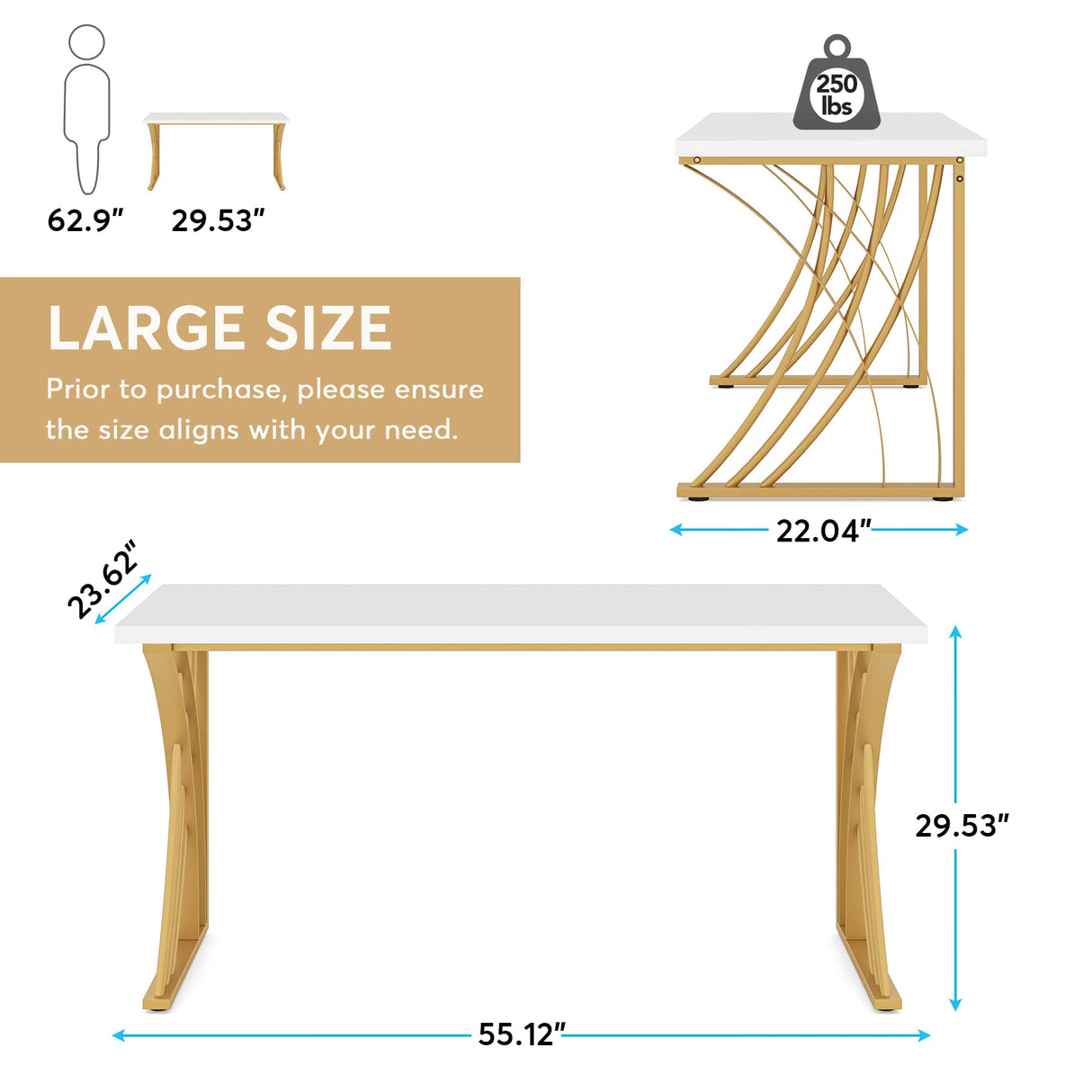 Tribesigns 55’’ Large Modern Computer Desk, White & Gold Luxury Laptop PC Student Table, Makeup Vanity Table with Thick Frame & Strong Legs, Sturdy Writing Workstation for Home & Office Tribesigns