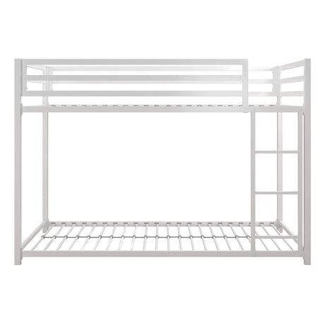 DHP Miles Low Metal Bunk Bed Frame for Kids, With Built-in Ladder, High Guardrail and Metal Slats, Floor Bed Bottom Bunk, No Boxspring Required, For Small Spaces, Twin-Over-Twin, White DHP