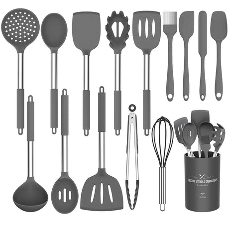 Silicone Cooking Utensil Set,Umite Chef Kitchen Utensils 15pcs Set Non-stick Heat Resistan BPA-Free Stainless Steel Handle Tools Whisk - Grey Umite Chef