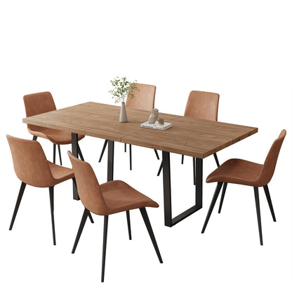 ZckyCine 67" Expandable Walnut Dining Table and 6 Upholstered Chairs, 7-Piece Dining Room Furniture Set, Mid-Century Modern Style for Home, Dining Room and Kitchen