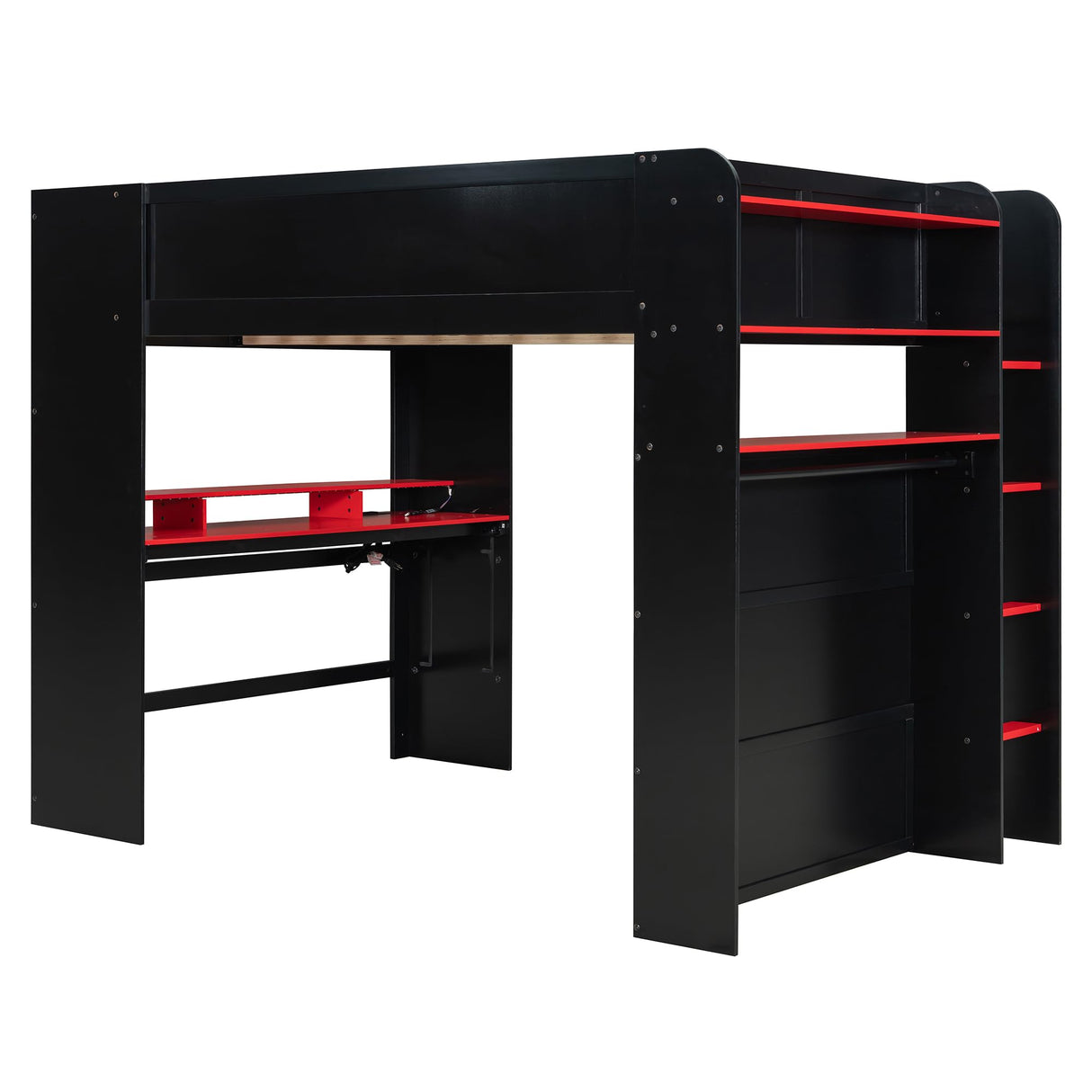 Harper & Bright Designs Gaming Bed, Full Size Gaming Loft Bed with Height-Adjustable Desk, Wardrobe, Ample Storage Space and RGB Light, Red Harper & Bright Designs
