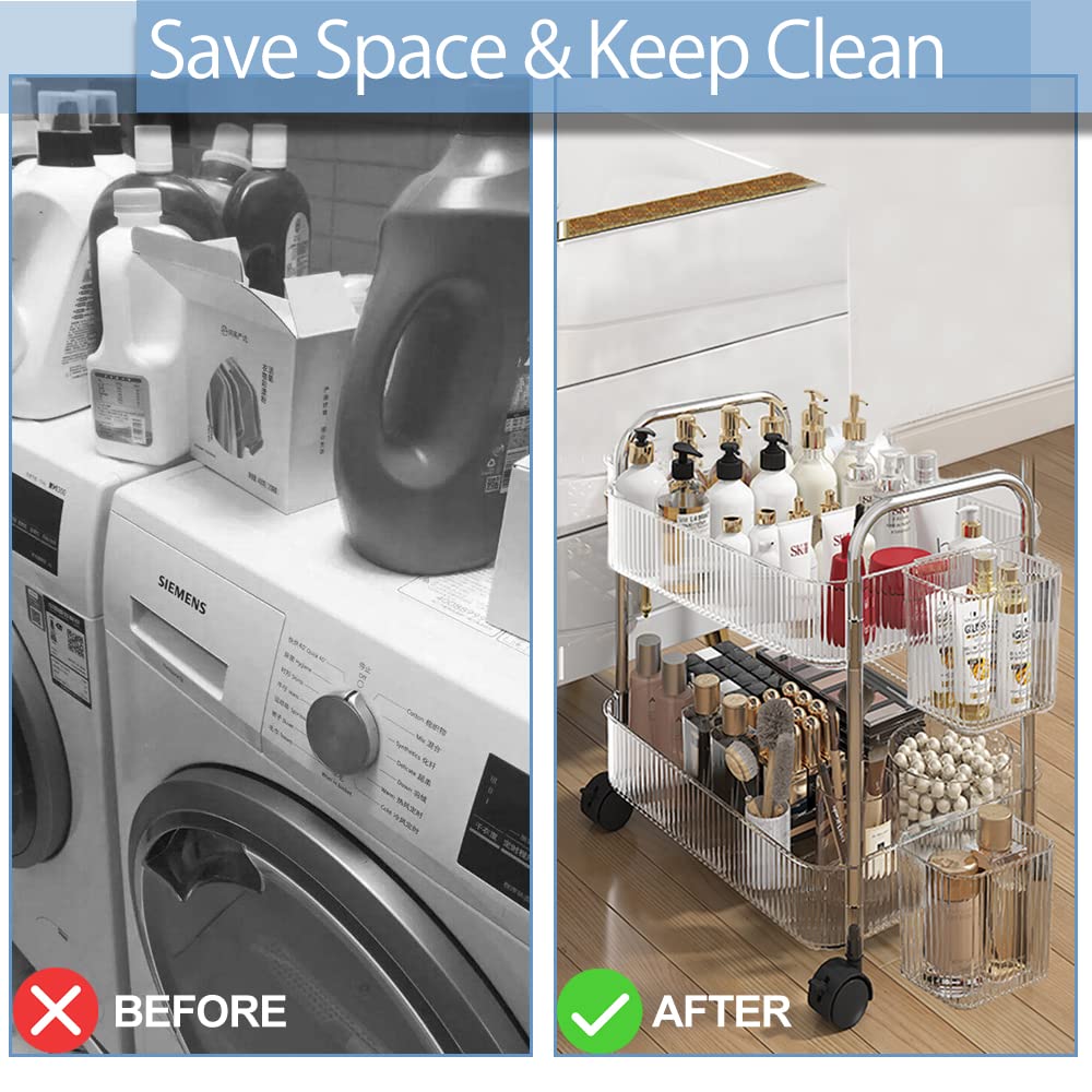 2-Tier Utility Rolling Cart Storage Organizer Sofa Side Table with Wheels, Under Desk Mobile Trolley Organizer with Handle and 2 Hanging Baskets for Office Home Kitchen Organization, Transparent Melody House