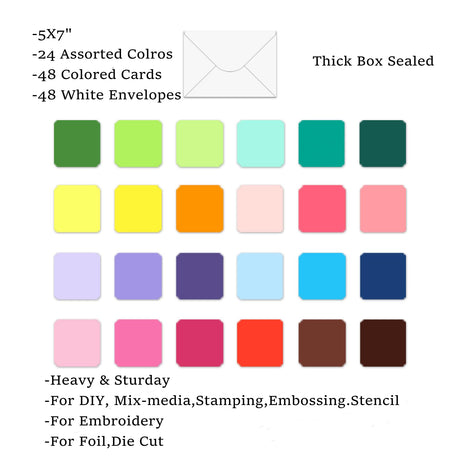 48 Pack Blank Folded Cards and Envelopes Colored Cards White Envelopes 5 x 7 Inch Colorful Greeting Cards 24 Assorted Colors Heavy Weight for Greeting,Invitation,Card Making LIVHOLIC