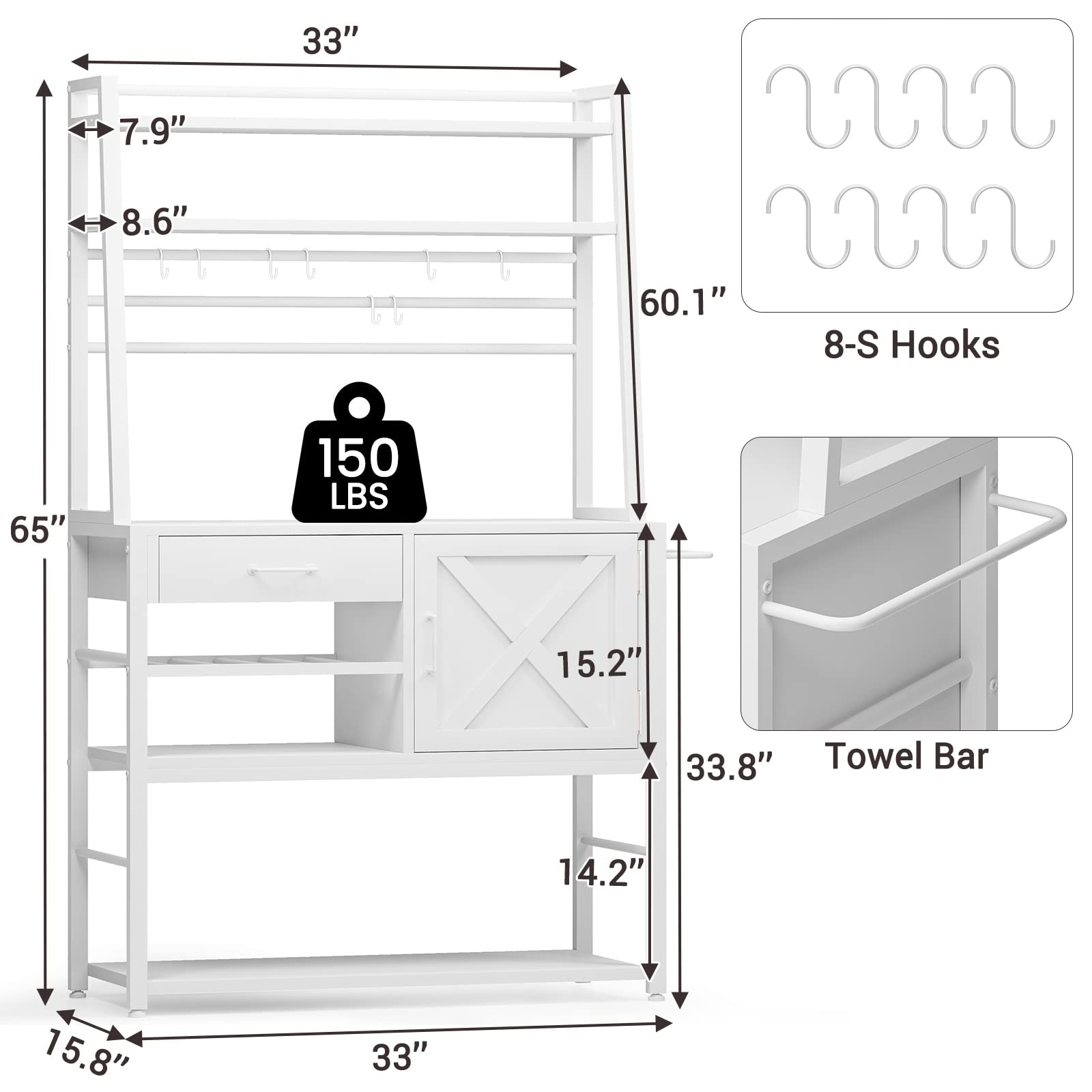 Itaar Farmhouse Baker's Rack with Coffee Bar, Wine Rack, Drawer and Hooks - White Microwave Stand - WoodArtSupply