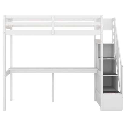 SOFTSEA Twin Loft Bed with Integrated Desk and Storage Stairs in White