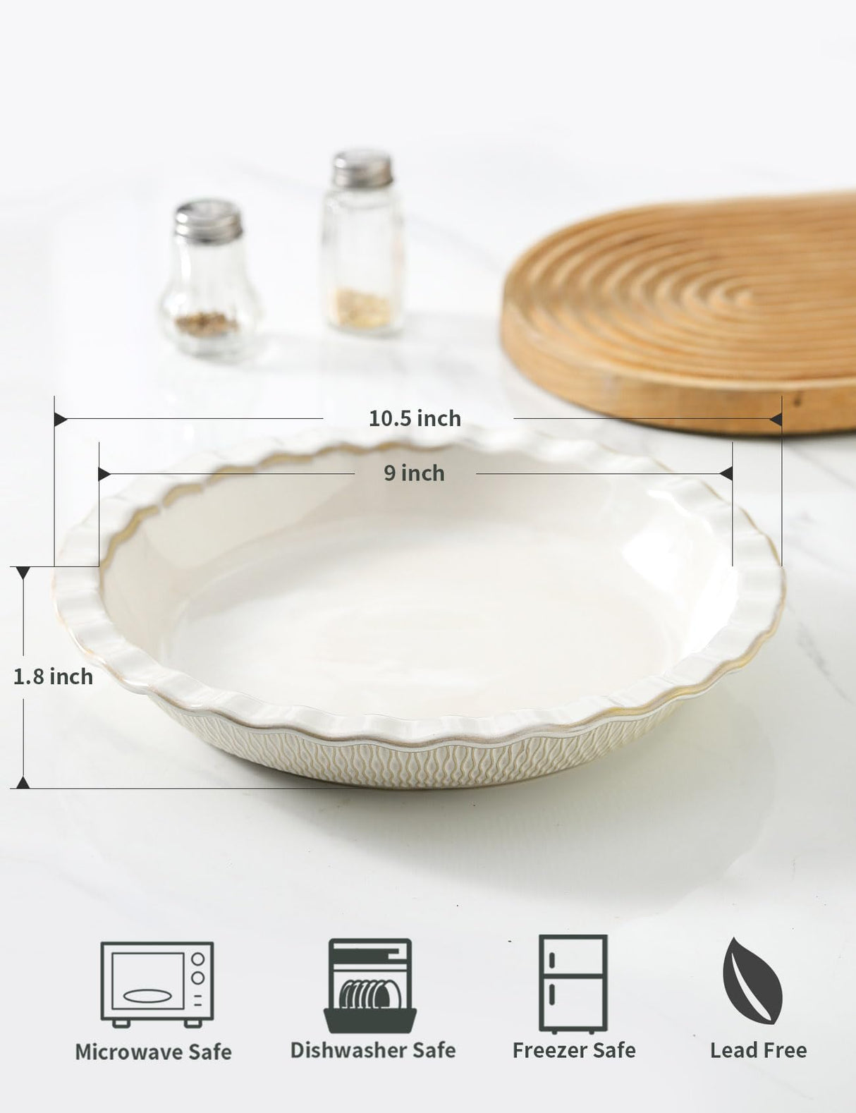 Ceramic Pie Dish for Baking, 9 inch Porcelain Pie Pan, Fluted Pie Plate for Apple, Quiche, Pot Pies, Tart, Modern Farmhouse Bakeware, Vanilla White Seyatoo