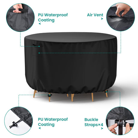 Mrrihand Round Patio Furniture Cover - Outdoor Chair Covers Waterproof Heavy Duty 600D Outdoor Table Chair Set Covers Anti-Fading Cover for Outdoor Furniture Set, 62" DIAx28 H, Black Mrrihand