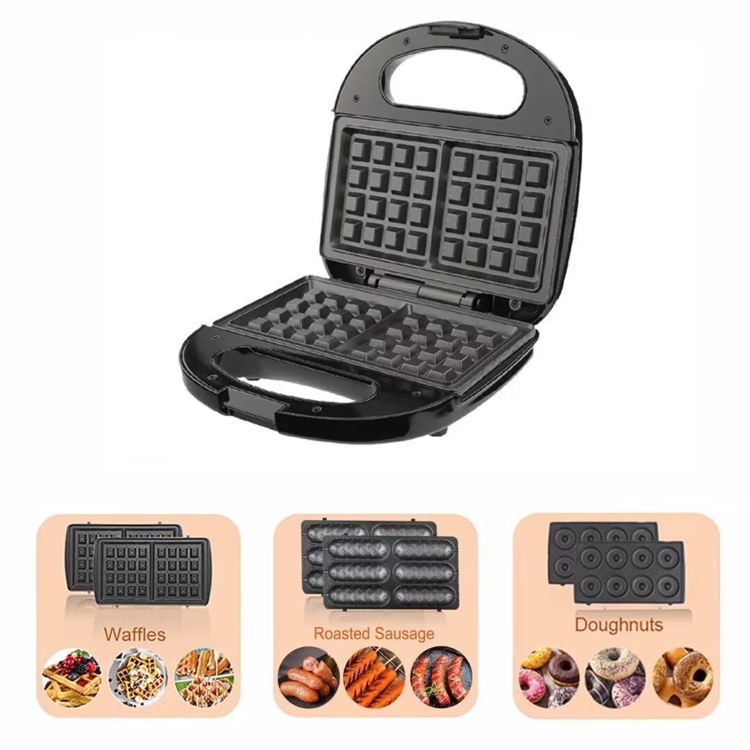 Waffle Maker,Donut,Hot Dog Machine Set,3-in-1 Multifunctional Breakfast Maker Machine with Iron Removable Plate Mold for Home,Kitchen,Cake,Paninis,Nut,Steaks,Grill,Lunch,Snacks or Dessert JACKGOLD