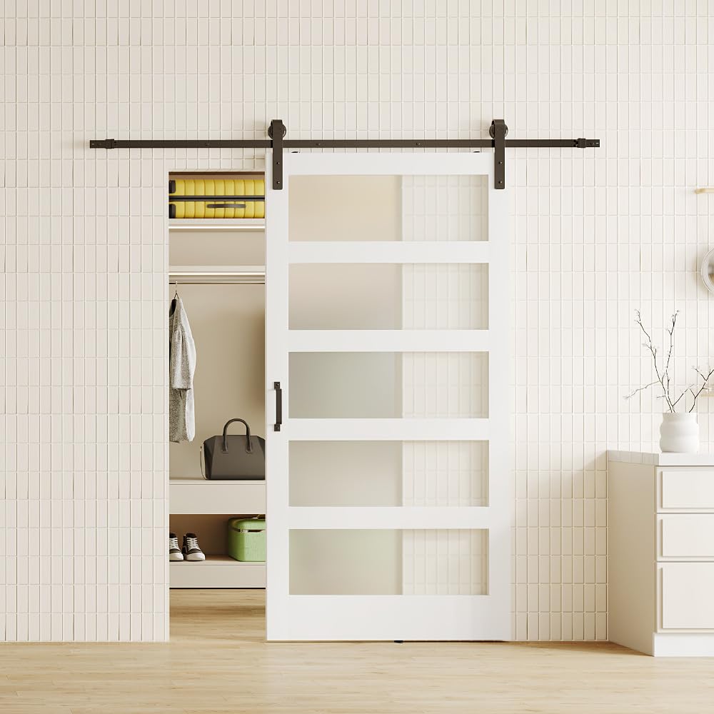 Lakenyon 42in x 84in Glass Barn Door with 6.98 Ft Sliding Door Hardware Kit, Handle, 5-Panel Frosted Glass, Solid Wood & MDF White-Primed Barn Door Panel, Pre-Drilled, Easy to Assemble Lakenyon