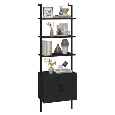 Yusong 73" Tall Bookshelf with Cabinet, Industrial Ladder Wall Mount Shelf Farmhouse Bookcase with Wood and Metal Frame, Plant Shelf Wall Storage Display for Living Room Bedroom, Farmhouse Black