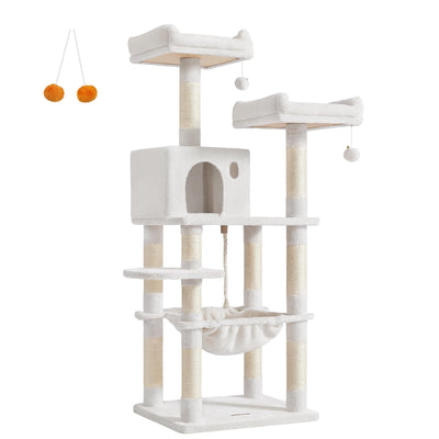 Feandrea Cat Tree, 56.3-Inch Cat Tower for Indoor Cats, Multi-Level Cat Condo with 11 Scratching Posts, 2 Perches, Cave, Hammock, Cream White UPCT015W02