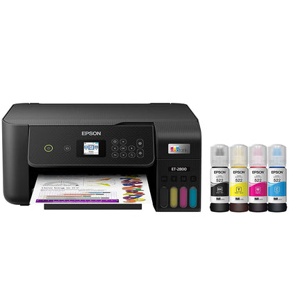 Epson EcoTank ET-2800 Wireless Color All-in-One Inkjet Printer, Print & Copy & Scan, 1200x2400 dpi, 1.44" Color LCD Display, Cartridge-Free, Photo Printing, Bundle with Printer Cable