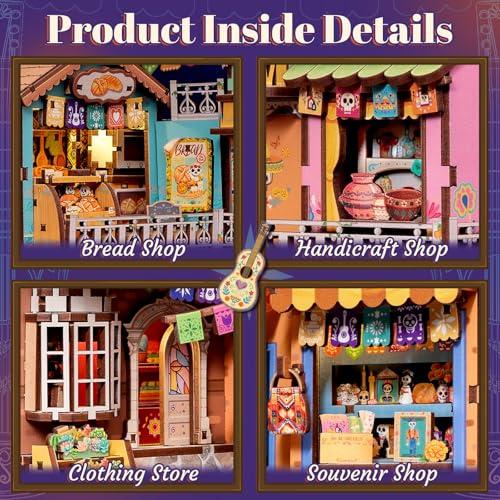 Fsolis Book Nook Kit Día De Muertos - 3D Wooden Puzzles for Adults DIY Miniature House Bookshelf Decor Decorative Bookends Gifts for Women Book Lovers (Plaza de Los Muertos)