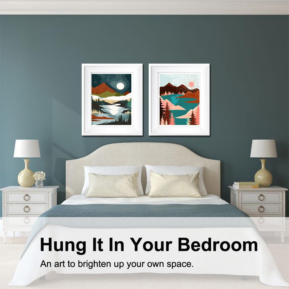 BAISITE Paint by Numbers Kit for Adults Beginners,12" Wx16 L 2 Pack Canvas for Painting Kits for Adults in Colorful Box-Sunrise Lake Mountains 6970 BAISITE