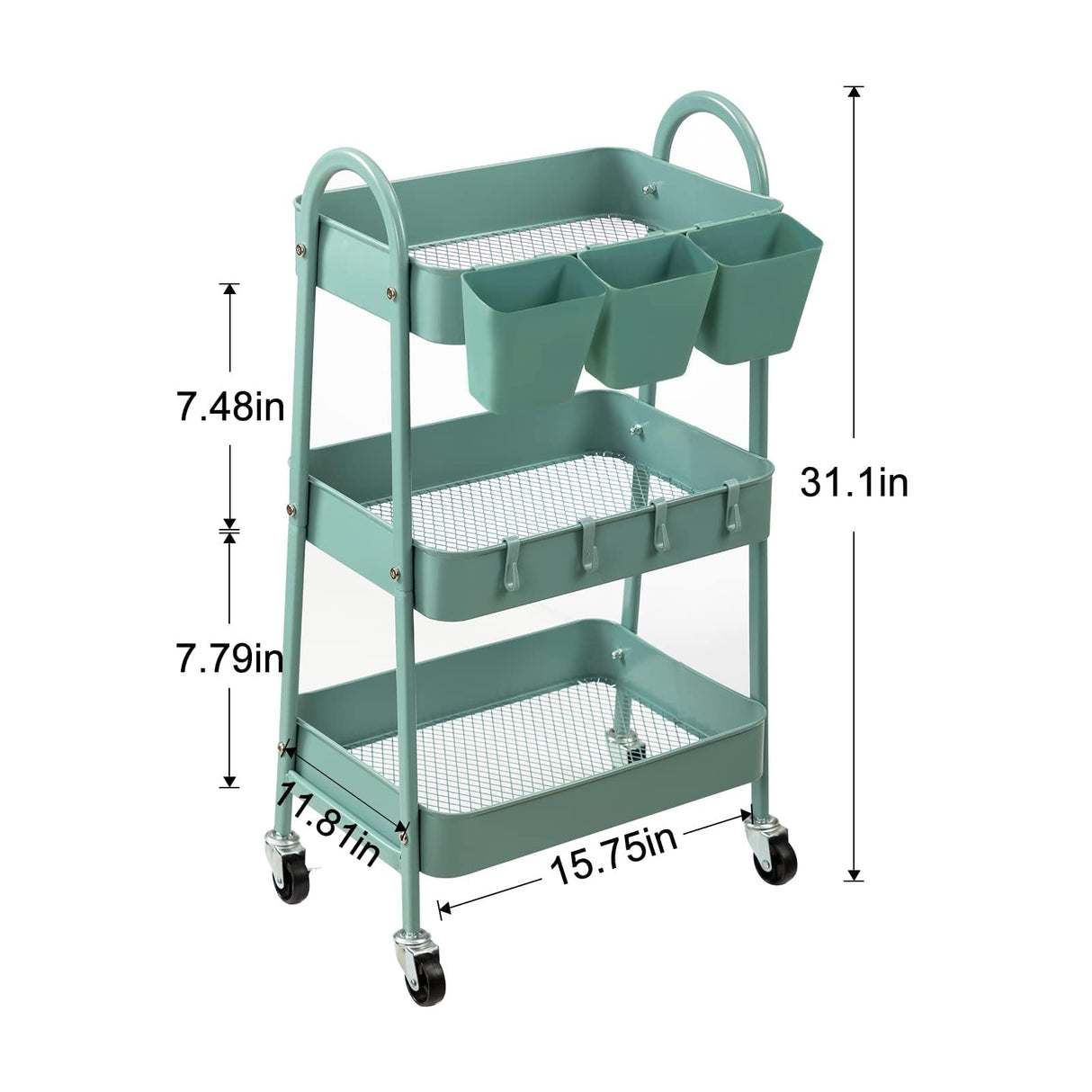 danpinera 3-Tier Rolling Cart, Metal Rolling Storage Cart with Lockable Wheels & Hanging Cups & Hooks, Mobile Trolley Cart for Kitchen, Bathroom, Office, Workshop, Green danpinera