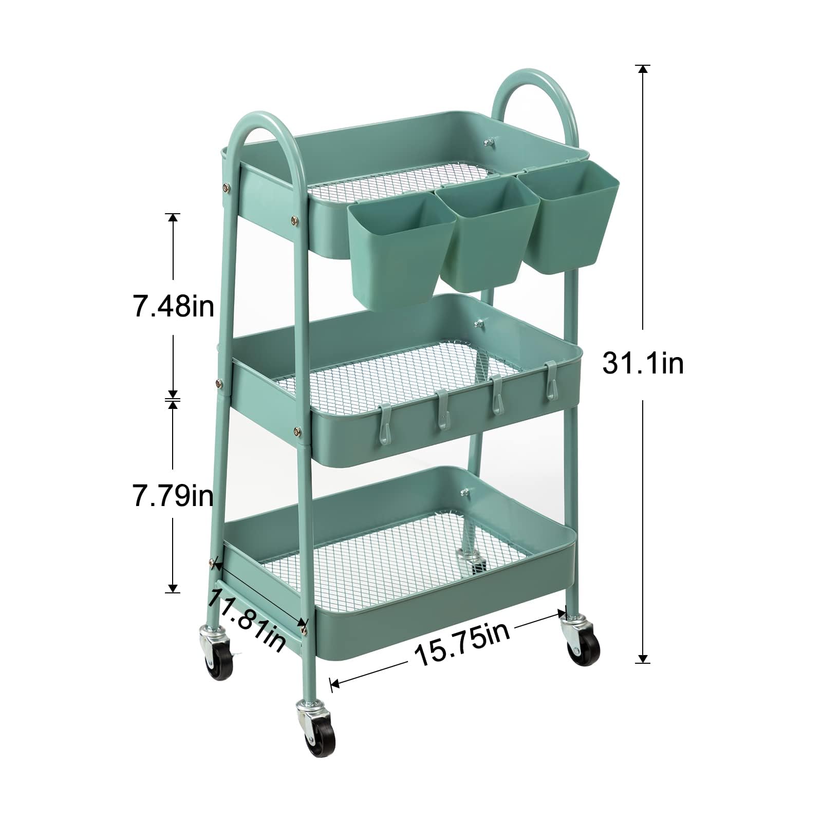 danpinera 3-Tier Rolling Cart, Metal Rolling Storage Cart with Lockable Wheels & Hanging Cups & Hooks, Mobile Trolley Cart for Kitchen, Bathroom, Office, Workshop, Green - WoodArtSupply