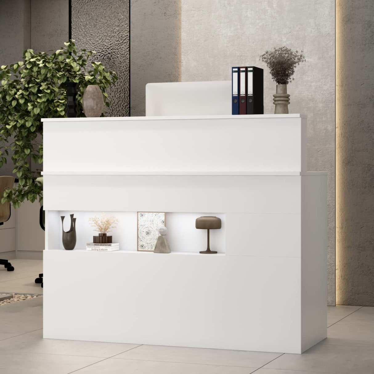 AIEGLE Reception Desk with Counter, Retail Counter with Lighted Display Shelf & Lockable Drawers, for Salon Reception Room Checkout Office, White (47.2" W x 19.7" D x 39.2" H) AIEGLE