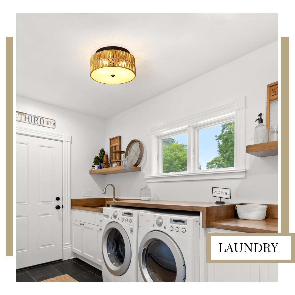 ANQIANYUE Rattan Flush Mount Ceiling Light, Boho Ceiling Light Fixture, 3-Lights Hand Woven Ceiling Light Fixture with PVC Plate for Hallway Bedroom Kitchen Entryway Living Room Foyer ANQIANYUE