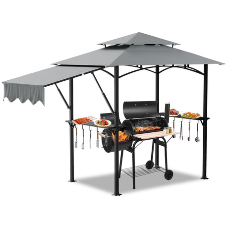 GAOMON 8'x5' Double Tiered Grill Gazebo, Outdoor BBQ Gazebo Shelter with LED Light & Extra Shadow for Barbecue and Picnic, Grey GAOMON