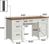 Farmhouse 61'' Executive Desk with 5 Drawers, Rustic Office Desk Computer Desk with Charging Station, File Drawers and Storage Cabinet, Wood Workstation for Study and Home Office,(Unique White) Vabches