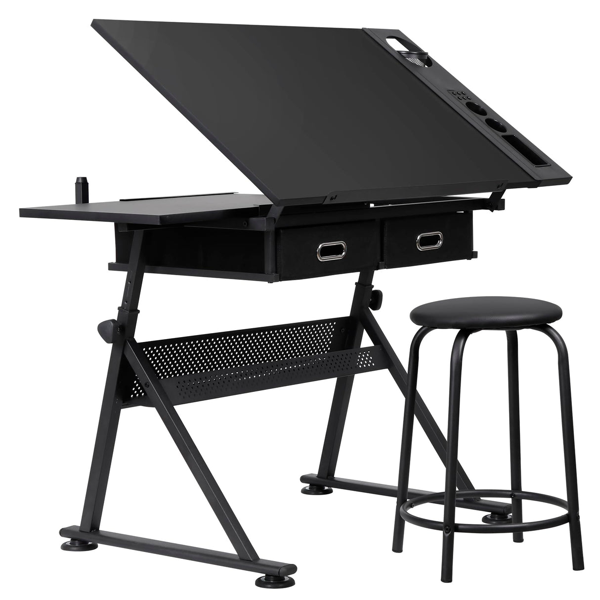 LEMY Drafting Table Art Desk, Height Adjustable Drawing Table Tilting Tabletop Work Station with Stool and Storage Drawer for Home, Office, Writing, Black LEMY