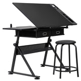 LEMY Drafting Table Art Desk, Height Adjustable Drawing Table Tilting Tabletop Work Station with Stool and Storage Drawer for Home, Office, Writing, Black LEMY