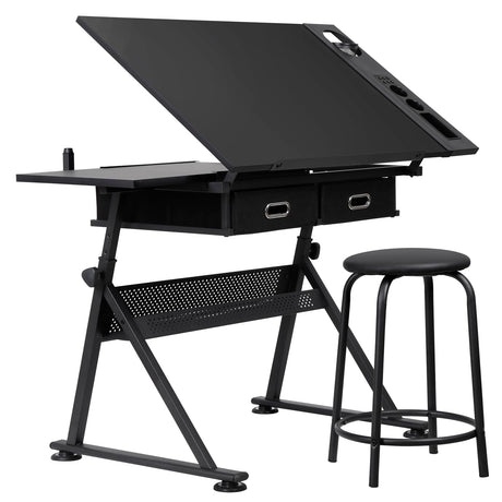 LEMY Drafting Table Art Desk, Height Adjustable Drawing Table Tilting Tabletop Work Station with Stool and Storage Drawer for Home, Office, Writing, Black LEMY