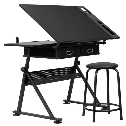 LEMY Drafting Table Art Desk, Height Adjustable Drawing Table Tilting Tabletop Work Station with Stool and Storage Drawer for Home, Office, Writing, Black