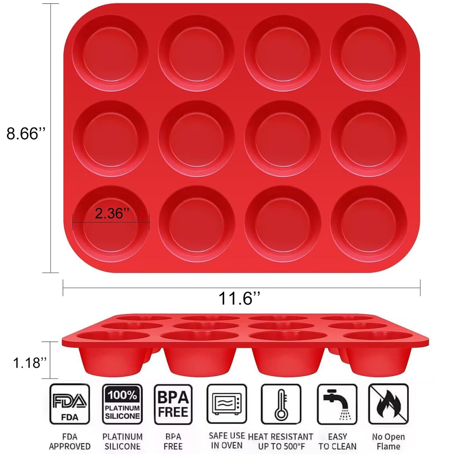 YJWYDM 12 Cups Silicone Muffin Pan, 2 Pack Non-Stick Cupcake Pans Silicone Muffin Tray Baking Pan for Making Muffin Cakes, Cupcake, Bread, Tart, Egg Bites