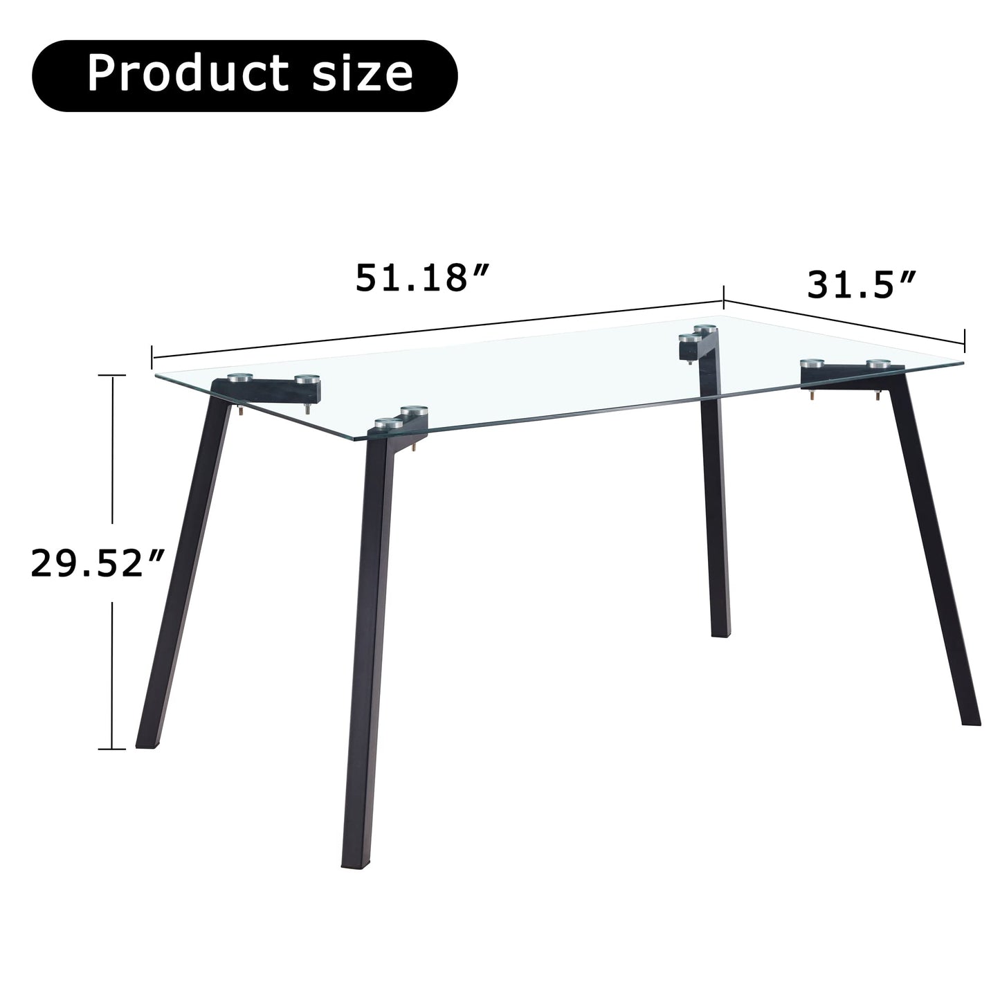 Acosure 51" Modern Glass Table with Rectangular Tempered Tabletop,Dinner Desk Set for 4-6 People W/Black Coated Plating Metal Legs,for Home,Kitchen,Dining Room,Office, Clear Finish