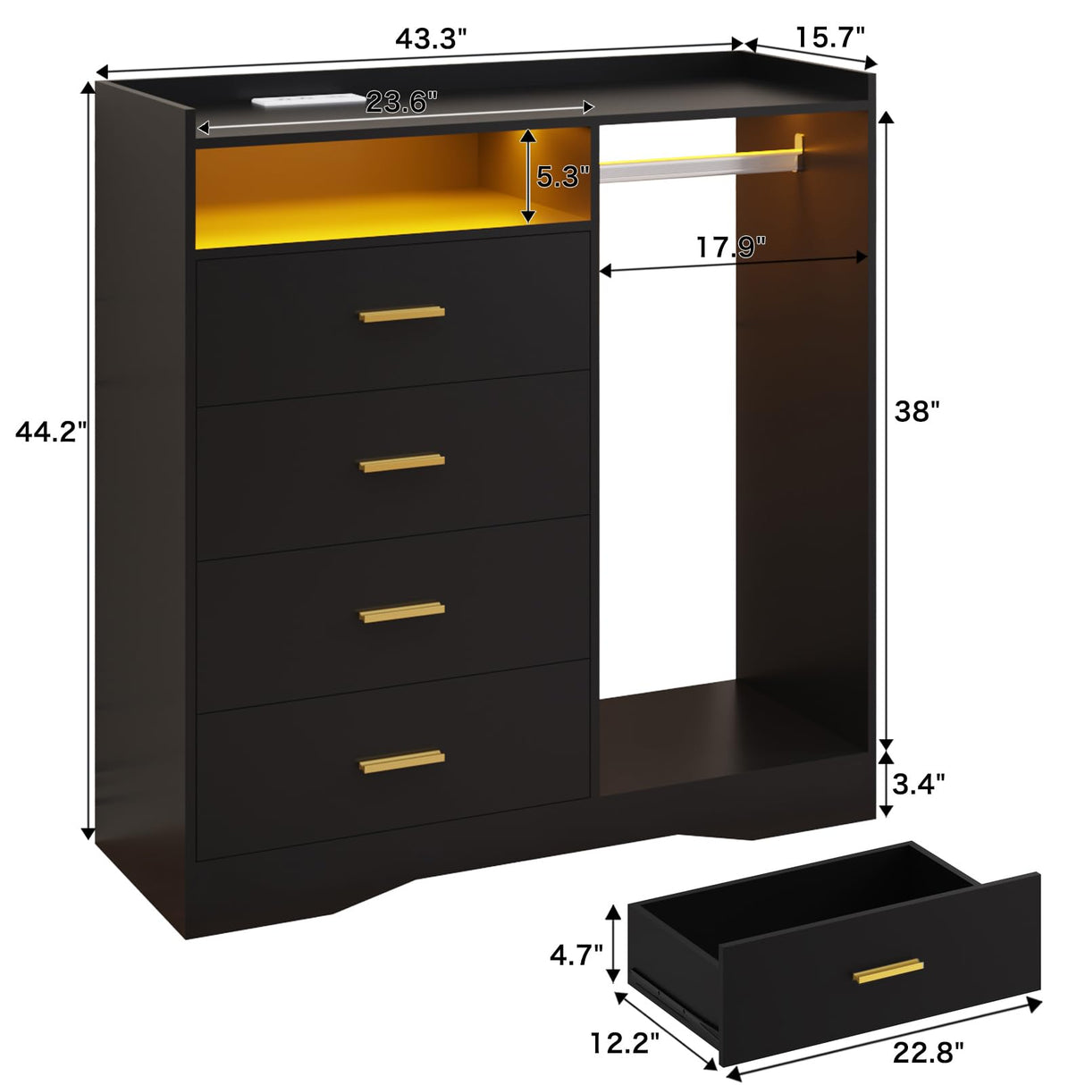 Wooden Dresser for Bedroom with Clothing Rack, Modern 4 Drawer Dresser with Charging Station and LED Lights, Storage Chest of Drawers for Small Space Hallway Closet (Black) amzzar