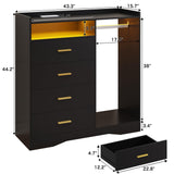 Wooden Dresser for Bedroom with Clothing Rack, Modern 4 Drawer Dresser with Charging Station and LED Lights, Storage Chest of Drawers for Small Space Hallway Closet (Black) amzzar