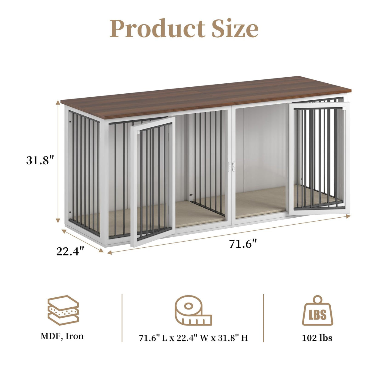 Large Dog Crate Furniture for 2 Dogs, 71.6" Pro XXL Heavy Duty Dog Kennel Furniture with Divider, Steel Frame Indoor Double Dog Crate for Large Medium Small Dogs, Warm White Neoriver