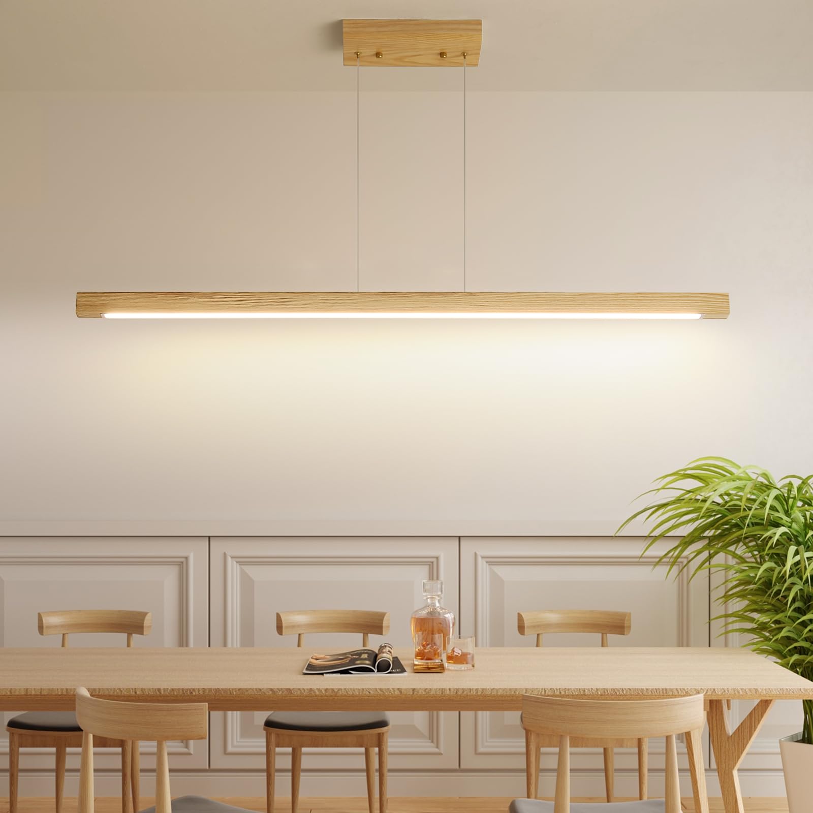 Wooden Linear Pendant Light, 47" Modern Chandeliers for Dining Room, Dimmable Pool Table Island Lights for Kitchen, LED Ceiling Pendant Lamp for Dining Room Billiard Room, Natural Ash - WoodArtSupply