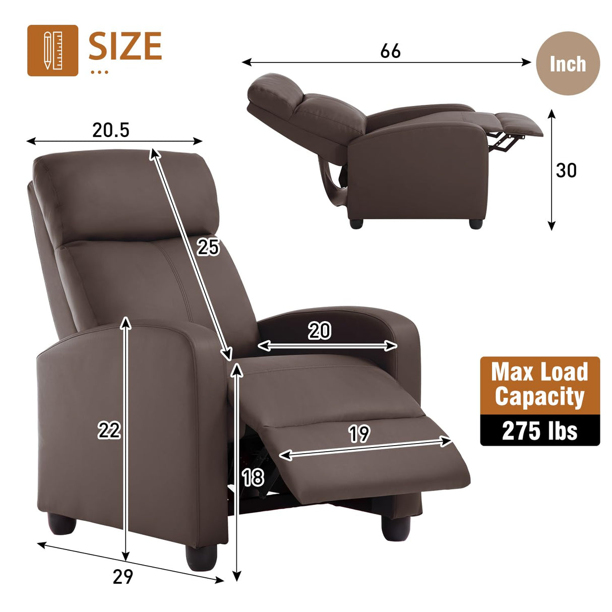 FDW Recliner Chair Single Reclining Sofa Leather Chair Home Theater Seating Living Room Lounge Chaise with Padded Seat Backrest (Brown) FDW