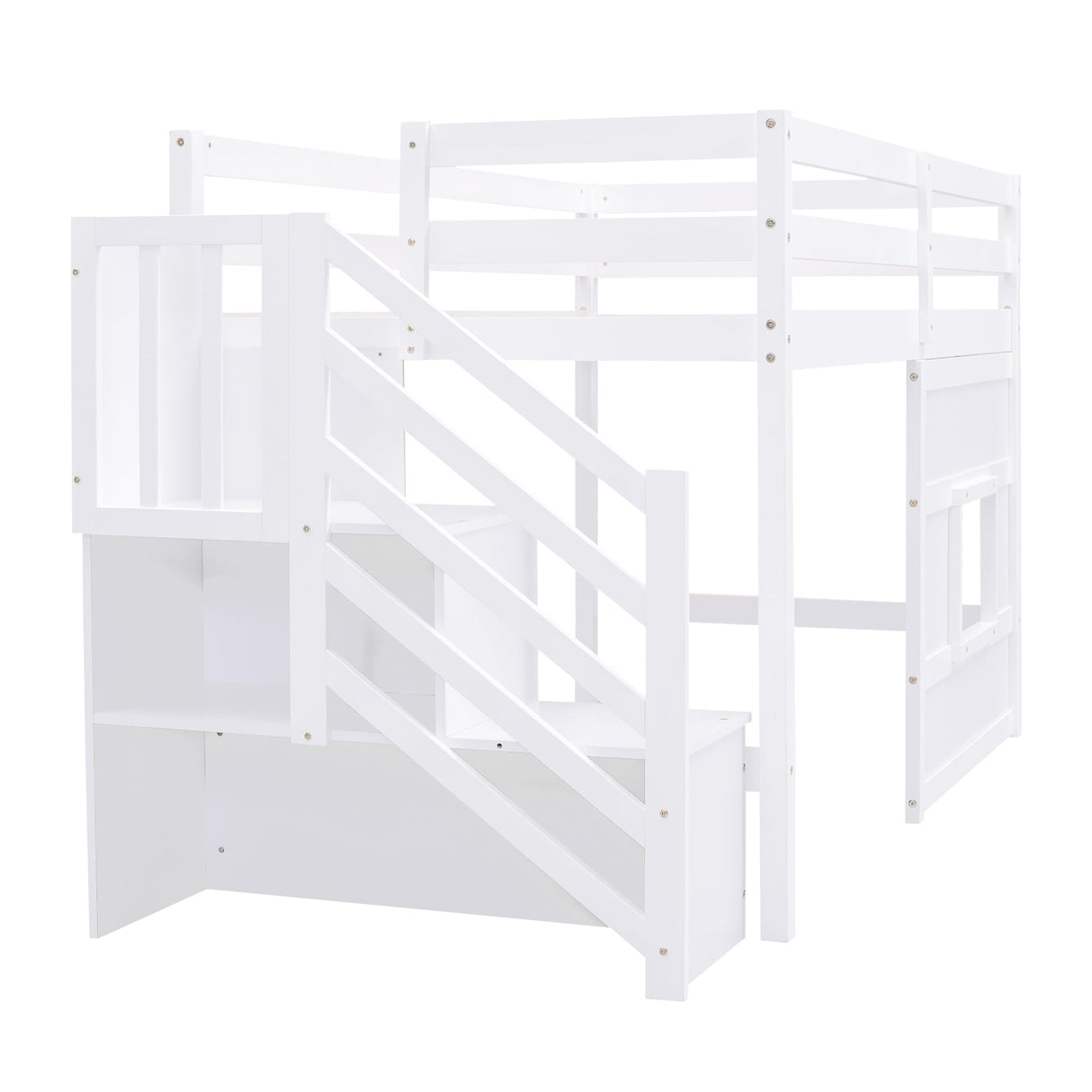Twin Size Low Loft Bed with Stairs, Kids Loft Bed with Storage,Solid Wood Twin Loft Bed Frame for Kids, Space Saving Low Loft Bed for Boys, Girls, White Bellemave
