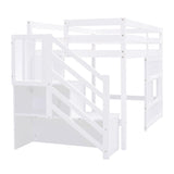 Twin Size Low Loft Bed with Stairs, Kids Loft Bed with Storage,Solid Wood Twin Loft Bed Frame for Kids, Space Saving Low Loft Bed for Boys, Girls, White Bellemave