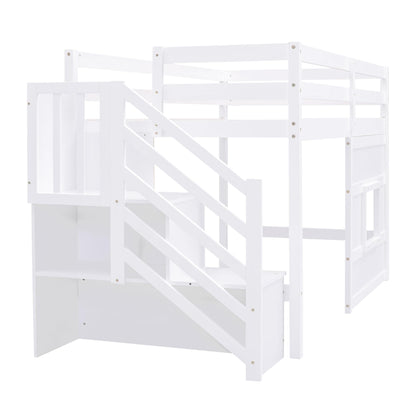 Twin Size Low Loft Bed with Stairs, Kids Loft Bed with Storage,Solid Wood Twin Loft Bed Frame for Kids, Space Saving Low Loft Bed for Boys, Girls, White