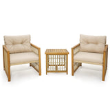 Tangkula 3 Pieces Acacia Wood Patio Furniture Set, PE Wicker Bistro Set with Cushioned Chairs and Coffee Table, Outdoor Conversation Set for Porch, Deck, Balcony, Backyard (Beige) Tangkula