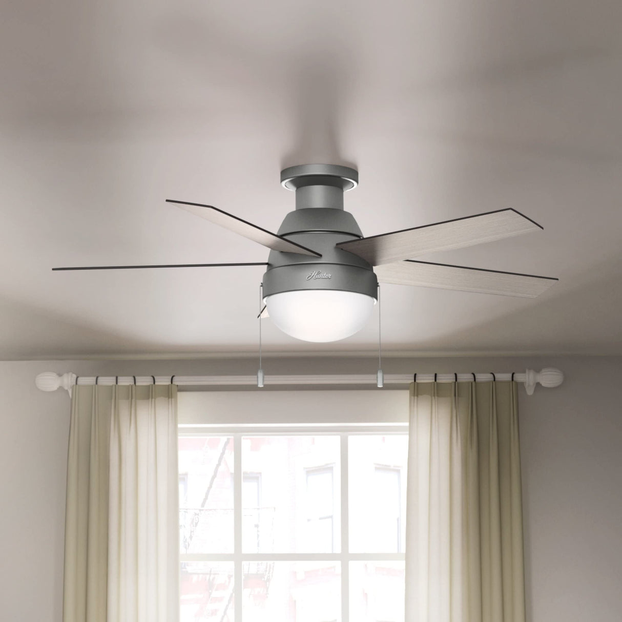 Hunter 59270 Anslee Indoor Low Profile Ceiling Fan with LED Light and Pull Chain Control, 46", Matte Silver Finish Hunter