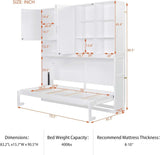 Twin Horizontal Murphy Bed with Storage Cabinet, LED Light and Charging Station,Wood Folding Murphy Wall Bed Cabinet with Bookcase and Shelves for Adult (White) MERITLINE