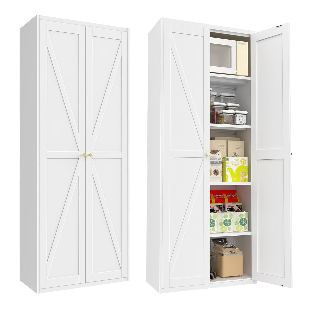 Howzone Food Pantry Cabinet, 71" Kitchen Pantry Storage Cabinets with Doors and Adjustable Shelves, Metal Hutch Cabinet with Storage for Kitchen, Living Room, Dining Room, White Howzone