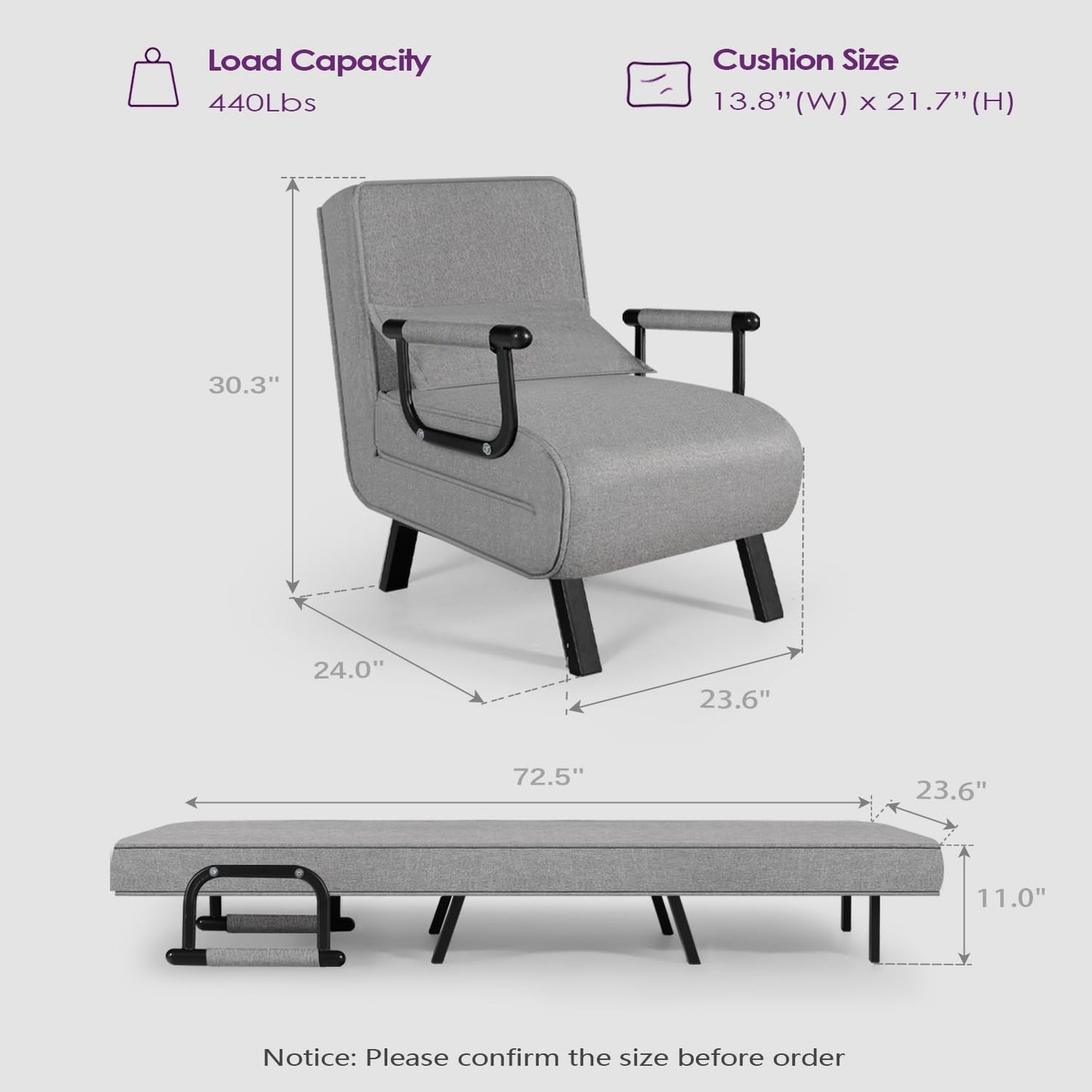 TYBOATLE Folding Chair Bed, Comfy Convertible Sleeper Sofa, 5 in 1 Folding Bed with 5-Position Adjustable Backrest & Pillow, Floor Single Chairs, Cozy Futon Chair for Small Spaces, Office (Light Grey)