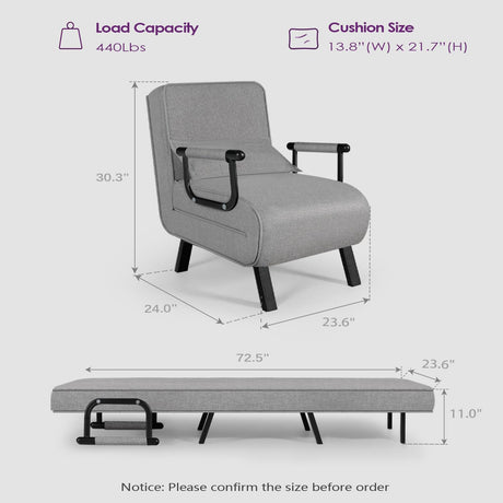 TYBOATLE Folding Chair Bed, Comfy Convertible Sleeper Sofa, 5 in 1 Folding Bed with 5-Position Adjustable Backrest & Pillow, Floor Single Chairs, Cozy Futon Chair for Small Spaces, Office (Light Grey) TYBOATLE