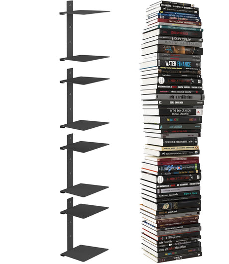Floating Book Shelves for Wall, 8 Tier Invisible Bookshelves Heavy Duty Metal Loads 120LBS, Vertical Spine Book Tower Hanging Bookshelves, Shelves for Room Wall Mounted, 4 Pack Black Wawocs