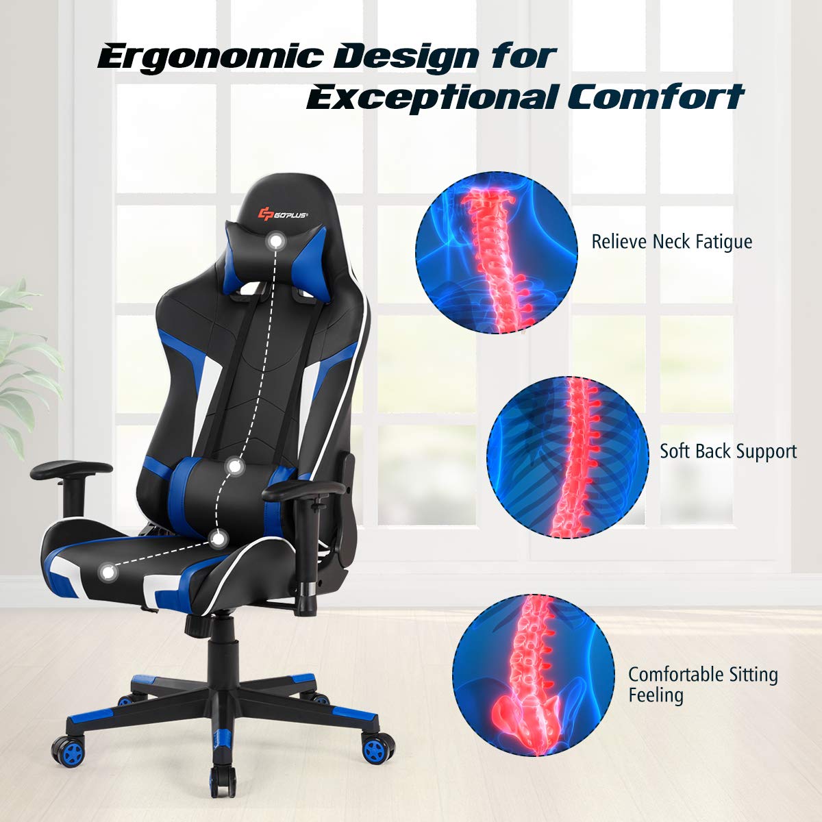 Goplus Gaming Chair, Massage Office Chair Computer Gaming Racing Chair, High Back PU Leather Adjustable Arms Headrest Ergonomic Reclining Game Chair, Rolling Swivel Executive Chair Goplus