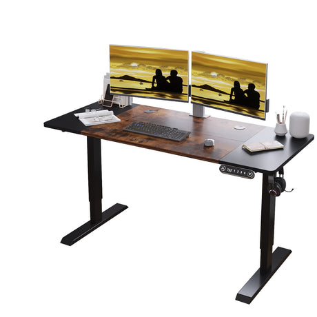 Jceet Adjustable Height Electric Standing Desk, 55 x 24 Inch Sit Stand Computer Desk with Lockable Casters, Stand Up Desk Table for Home Office, Black Frame/Rustic Brown + Black Top Jceet