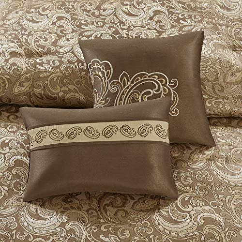 Madison Park Essentials Brystol 24 Piece Room in a Bag Faux Silk Comforter Jacquard Paisley Design Matching Curtains Down Alternative Hypoallergenic All Season Bedding-Set, Queen(90"x90"), Brown Madison Park