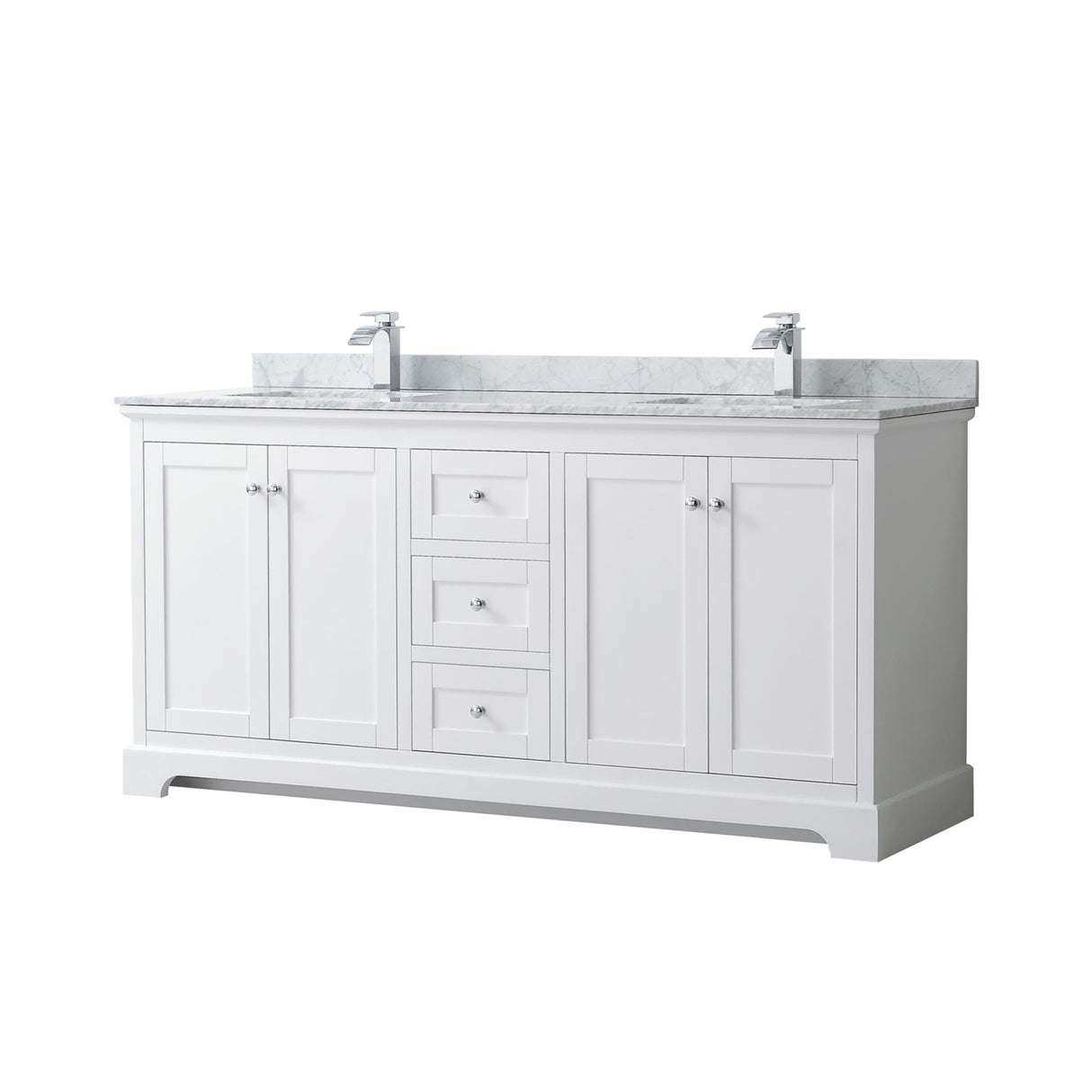 Wyndham Collection Avery 72 Inch Double Bathroom Vanity in White, White Carrara Marble Countertop, Undermount Square Sinks, and No Mirror Wyndham Collection